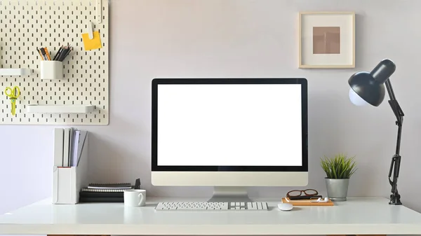 Front View Shot Creative Work Space White Blank Screen Computer — Stock Photo, Image