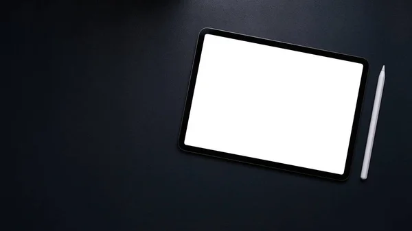 Flachbild Tablet Attrappe Mit Leerem Bildschirm Und Digitalisierstift Auf Schwarzem — Stockfoto