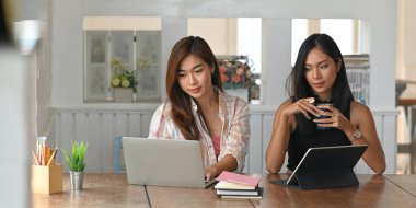 Güzel bir stilistin fotoğrafı bilgisayar dizüstü bilgisayar ve tabletle çalışırken ahşap çalışma masasında arka plan olarak rahat oturma odasının üzerinde oturuyor..