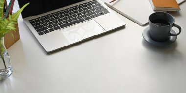 Bilgisayarlı dizüstü bilgisayarın beyaz çalışma masasına koyduğu fotoğraf ve etrafı defter, günlük, saksı bitkisi, kahve fincanı ve kalem tutacağı ile çevrili. Düzenli çalışma alanı kavramı.