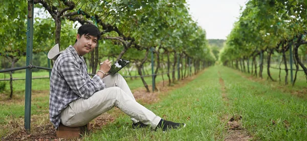 Chytrý Farmář Používá Počítačový Tablet Zatímco Sedí Nad Sadem Jako — Stock fotografie