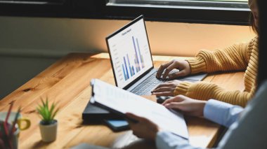 Kadınlar bilgisayarda birlikte çalışıyorlar. Ekranda finansal veri tabloları var..