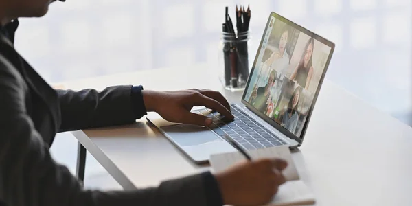 Cropped Shot Businesswoman Video Calling Colleagues Laptop Computer — Zdjęcie stockowe