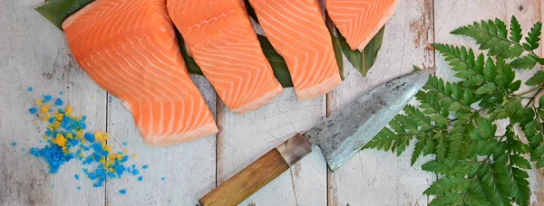 Top View Raw Salmon Fillets Cooking Knife — Stock Photo, Image