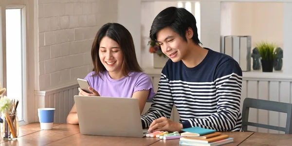 Young Couple Working Computer Laptop Tablet While Sitting Together Wooden — Stock Photo, Image