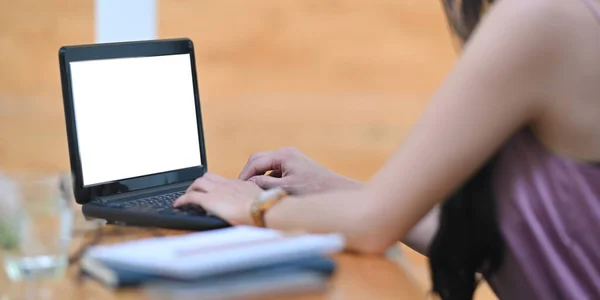 Shot Beautiful Woman Working White Blank Screen Computer Laptop Wooden — Stock Photo, Image