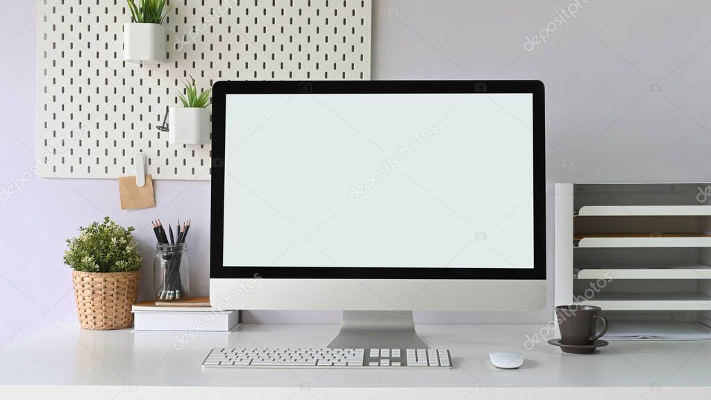 workspace blank screen computer monitor and office equipment