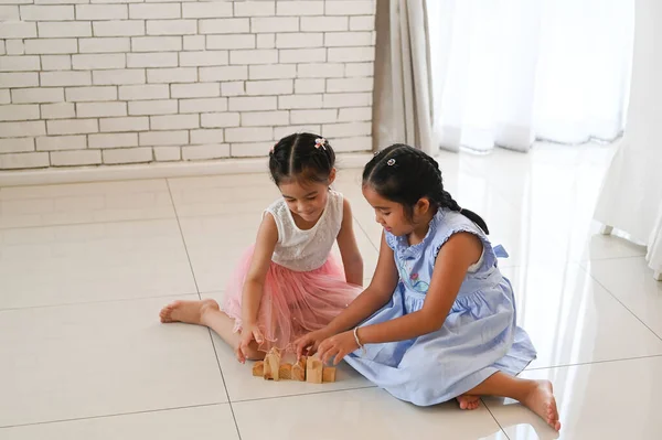 Dwie Słodkie Dziewczynki Grające Drewniane Klocki Domu — Zdjęcie stockowe