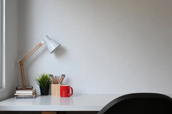 Simple Workspace Lamp Plant Coffee Cup Copy Space White Table — Photo