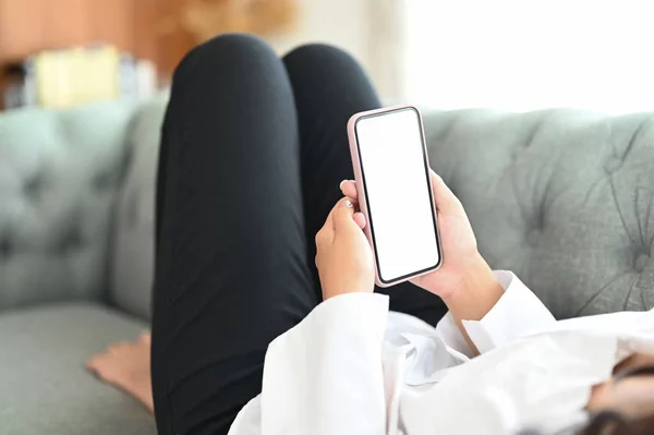 Cropped Shot Female Freelancer Relaxing Couch Using Smart Phone Blank — 스톡 사진