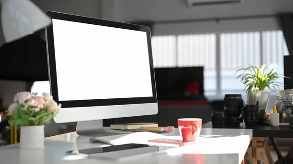 Contemporary Workspace Blank Screen Computer Office Supplies White Desk — Stock Photo, Image