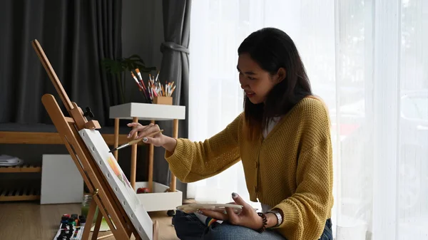 Side View Cheerful Young Woman Painter Drawing Sitting Floor Front — Stock Photo, Image