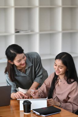 İki genç kadın ofis çalışanı ofiste konuşuyor ve birlikte çalışıyorlar..