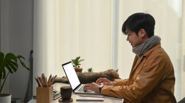 Evde bilgisayarla çalışan mutlu Asyalı genç adamın yan görüntüsü.