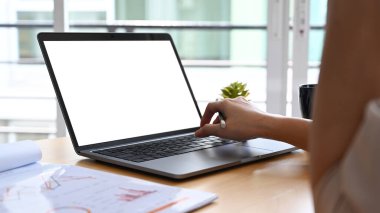 Ofis masasında dizüstü bilgisayarla çalışan muhasebecinin yakın görüntüsü.