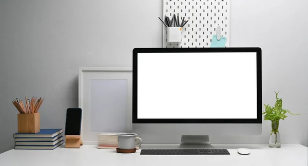 Workspace Computer Mockup Office Supplies Peg Board Wooden Table — Stock Photo, Image