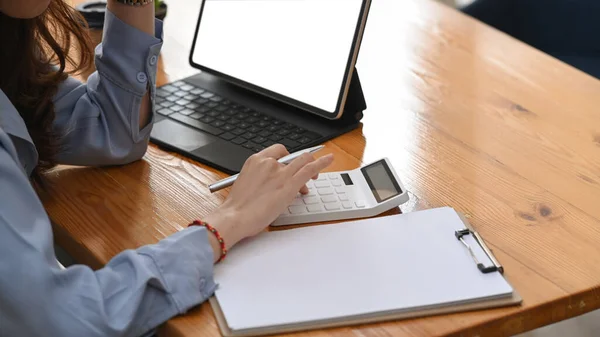 Copped Shot Female Accountant Working Computer Tablet Using Calculator Calculate — Photo