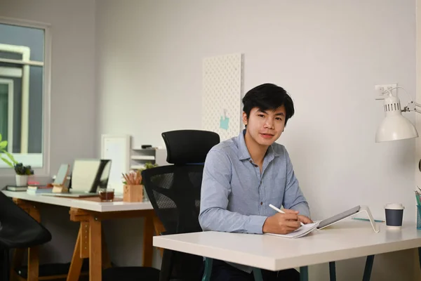 Smart Businessman Holding Digital Tablet Smiling Camera While Sitting Home — Stock Photo, Image