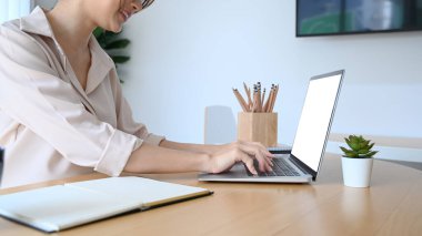 Ofiste bilgisayarla bilgi arayan mutlu bir iş kadınının görüntüsü..