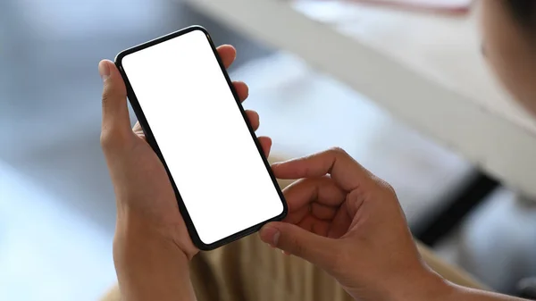 Mock Image Man Holding Mobile Phone Blank Screen While Sitting — Stock Photo, Image