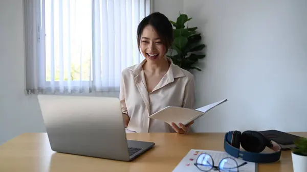 Cheerful Businesswoman Having Video Call Laptop Office — Stock Photo, Image