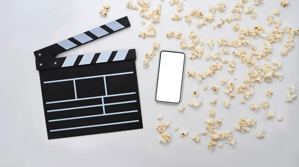 Top View Cinema Clapper Board Popcorn Wooden Background High Quality — Stock Photo, Image