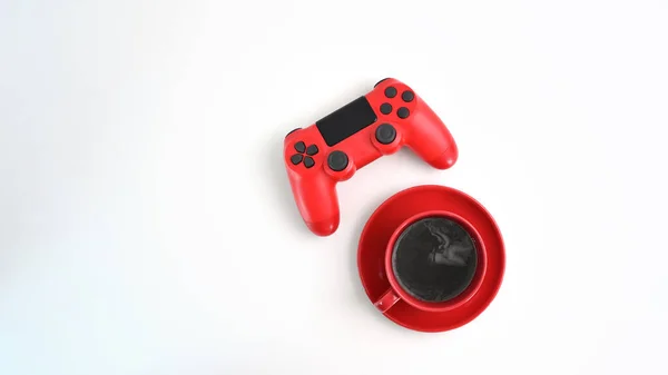 モックアップ赤コーヒーカップとジョイスティック上の白い背景 — ストック写真