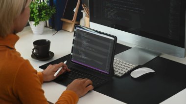 Yazılım geliştirme şirketinde proje üzerinde çalışan genç bir kadın programcının görüntüsü.. 