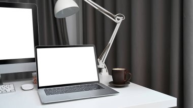 Modern işyerindeki beyaz masadaki boş ekranlı dizüstü bilgisayarı taklit et.