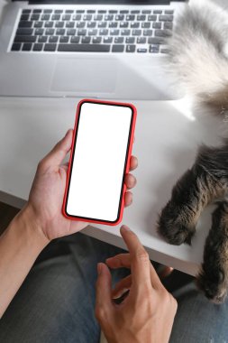 Kapat görüşlü adam kedisine yakın cep telefonu kullanıyor. Masada uyuyor..