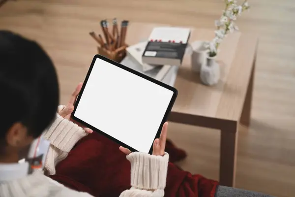 Close View Girl Using Digital Tablet Sofa — Stockfoto