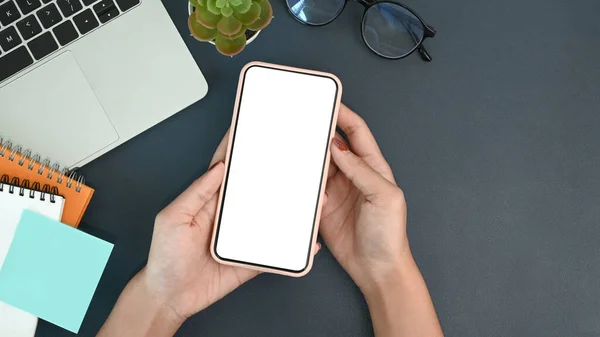 Hands Businesswoman Holding Smart Phone Blank Screen Her Workspace — Stock Photo, Image