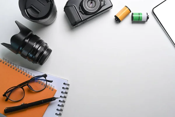 Camera Accessories Notebook Copy Space Photographer Workplace — Stockfoto