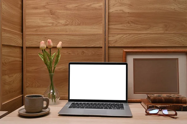 Mock Computer Laptop Coffee Cup Flowers Empty Photo Frame Wooden — Stockfoto