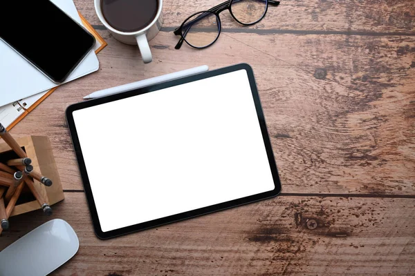 Simular Tableta Digital Con Pantalla Blanco Escritorio Madera Vista Superior — Foto de Stock