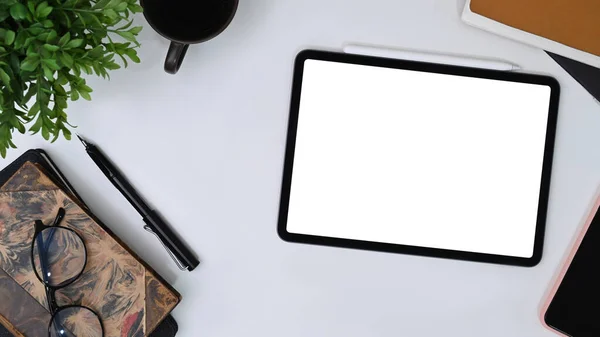 Modern Workspace Digital Tablet Notebook Coffee Cup Houseplant White Table — Stok fotoğraf