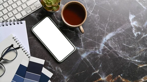 Creative Workplace Smart Phone Coffee Cup Glasses Notebooks Marble Table — Stockfoto