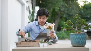 Genç bir adam evinin hobisi olarak saksıya çiçek ekiyor..