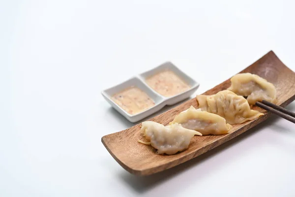 Plate Japanese Gyoza Dumplings Putting White Table — Stock Photo, Image