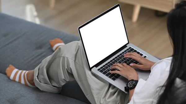 Young Woman Freelancer Working Laptop Computer While Sitting Sofa Living — Stock Photo, Image