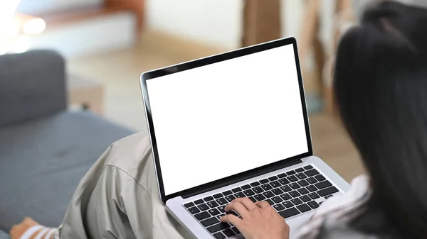 Young Female Resting Sofa Using Computer Laptop Home — Stock Photo, Image