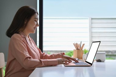 Modern ofiste dizüstü bilgisayarla çalışan kendine güvenen bir iş kadınının yan görünüşü.