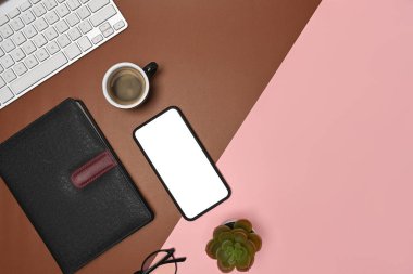 Akıllı telefon, kaktüs, defter ve gözlükleri iki ton kahverengi ve pembe arka plana yerleştir..