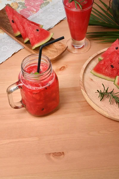 Watermelon Smoothie Jars Wooden Table — Stock Photo, Image
