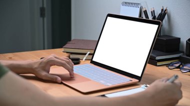 İşadamı evde dizüstü bilgisayarla çalışıyor..