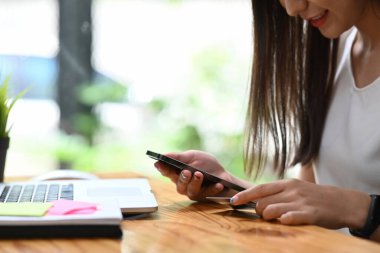 Akıllı telefon kullanan ve ödeme için kredi kartı tutan gülümseyen bir kadın..