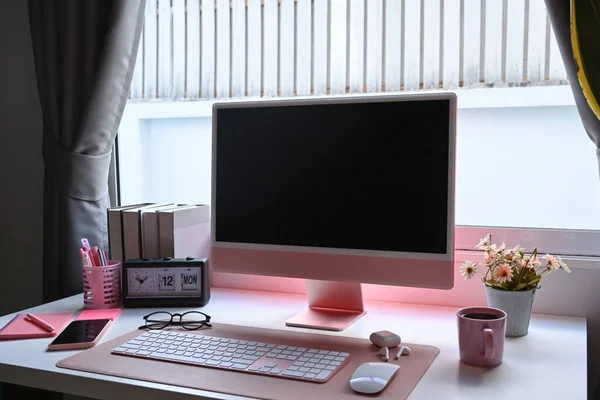 Modern Workspace Computer Supplies White Table — Stock Photo, Image