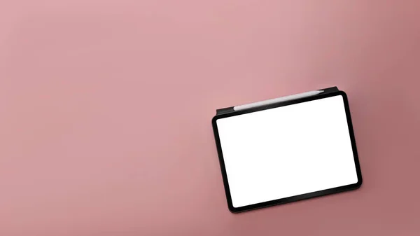 Mock Digitális Tabletta Üres Zöld Rózsaszín Háttér — Stock Fotó