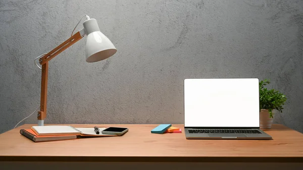 Front View Computer Laptop Blank Display Wooden Table — Stock Photo, Image