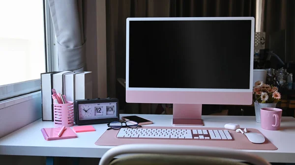 Female Workplace Computer Pink Equipment — Stock Photo, Image